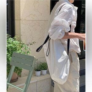 Oversized Ruched Shirred Side Ties Crisp Button Down Puff Sleeve Shirt XL